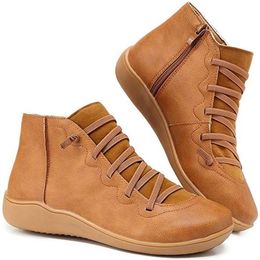 Women Ankle Shoes PU Leather Femme Shoes Cross Strap Lace up Girls Boots Spring Autumn Ladies Boots WJ003 201103