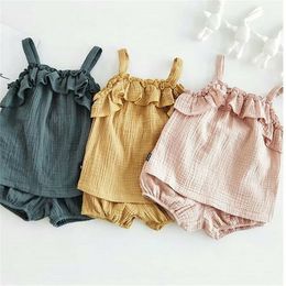 Kids Girls Clothing Sets Summer Style Baby Sleeveless Sling Vest Tops Shorts 2Pcs Children Cotton Linen Clothes Suits 220620