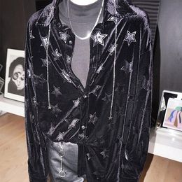 Men's Casual Shirts Men Velvet Chain Stars Loose Long Sleeve Shirt Cardigan Jacket Oversize Harajuku Streetwear Fashion Vintage MaleMen's