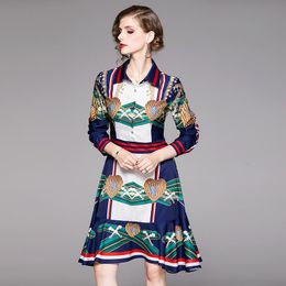 Casual Dresses High-End Vintage Cocktail Floral Print Long Sleeves Ruffled Swing Dress Sashes Turn-down Collar Sleeve