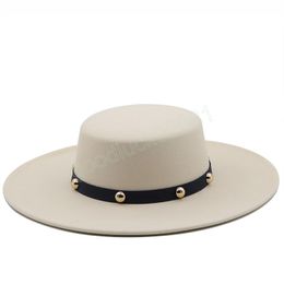 Large Wide Brim 10CM Jazz Hat Women Flat Top Fedora Hats Winter Derby Beige Felt Cap Ladies Formal Dress Hat