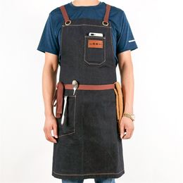 WEEYI Kitchen Apron Men Women Chef Cooking Denim Apron Kitchen Black Man aprons Pocket For Barista Bartender delantal cocina 201007