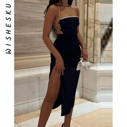 Sexy Halter Backless Lace Up Midi Dress Women Sleeveless Bandage Split Corset Dresses Fall Harajuku Night Club Party Robe 220507