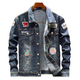 Men's Badge Patches Blue Denim Jacket Streetwear Patchwork Jean Coat Ripped Outerwear Y220803