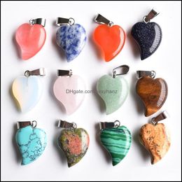 Charms Jewellery Findings Components Natural Stone Heart Shape Turquoise Rose Quartz Opal Pendants Chakras Gem Fi Dha8O