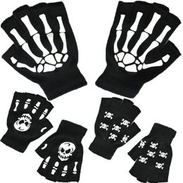 Luminous Skeleton Fingerless Gloves For Men Women Teens Skull Cycling Hiking Winter Gothic Knitted Black 220624