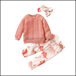 Clothing Sets Kids Girls Outfits Infant Knitted Sweater Plover Topsanddinosaur Print Andheadband 3Pcs/Sets Mxhome Dh9Jk