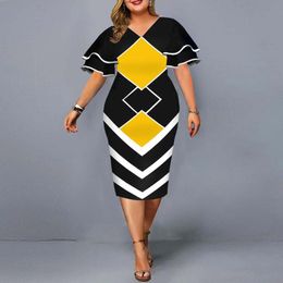 Abiti taglie forti Abito elegante stampa geometrica festa serale 2022 autunno donna svasato manica corta giallo casual