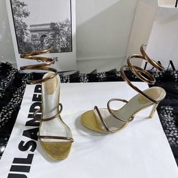 Rene Caovilla Cleo Strass Snake Stiletto Heels Leather Sandals 95mm Evening Shoes Women High Heeled Luxury Designers Ankle Wraparound Dress 57du