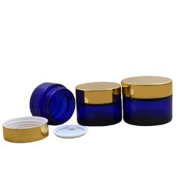 Blue Glass Facial Cream Jar Empty Bottle Glossy Gold Screw Lid Portable Refillable Packaging Container Skincare Eye Cream Pots 20g 30g 50g