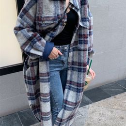Blue Plaid Trench Coat Women 2020 Spring Autumn New Casual Korean Fashion Lapel Wool Over The Knee Long Coat Z220 T200828