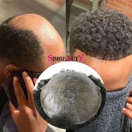 6MM Afro Kinky Curly Real Human Hair Men's Toupee Durable Man African American Wig Thin Skin Replacement System Unit Prosthesis