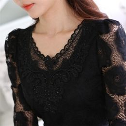 6XL Hollow Out Lace Blouse Elegant Shirt Ladies Tops Crochet Long Sleeve Embroidery Patchwork Women Blouses Tops White DF2753 201202