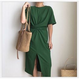 LANMREM Summer New Solid Colour Loose Round Neck Natural Waist Vintage Split The Fork Fashion Women Dress E4100 T200604