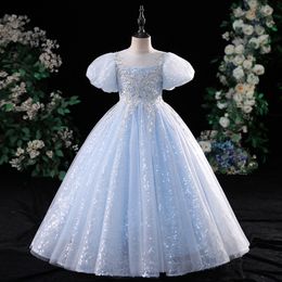 New Arrival Sequined Flower Girls Dresses for wedding Long Pearls Beads First holy Communion Dresses V Neck Lace Ball Gown Girls Pageant Gowns