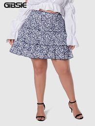 GIBSIE Plus Size Frill Trim Ditsy Floral Skirt Boho Casual Summer High Elastic Waist Ruffle Hem Skirt Big size 3xl 4xl 220521