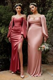 Simple Water Melon Satin Mermaid Prom Dresses Floor Length Off the Shoulder Long Sleeve Special Occasion Dress Sexy Side Split Open Back Evening Gowns For WOmen