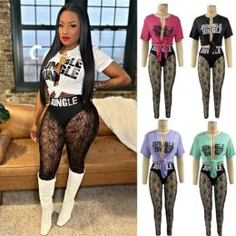 2022 Women Letter Print Sexy 2 Two Piece set T-Shirt Cardigan Top Lace See Through Patchwork Trousers Party Streetwear