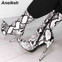 Aneikeh Spring Fashion New Pu Python Pattern Mid Calf Women's Boots 11cm Thin Heels Pointed Toe Zip Sexy Party Pumps 220421