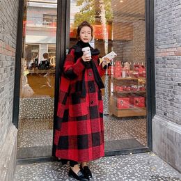 Hooded Woollen Coat Female Mid length Knee Over Straight 2020 Autumn Winter New Thick Female Red Plaid Coat LJ201106