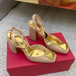 Fashion sandals designer 100% leather women Heels sandals summer womens wedding dress shoes party sexy Metal buttons slipper large 35-42 with box