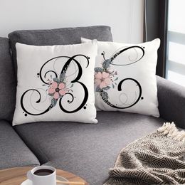 Pillow Case Black Alphabet Flower Print Pillowcase White Polyester Cushion Cover for Living Room Sofa Nordic Home Decoration Pillow Case 220623