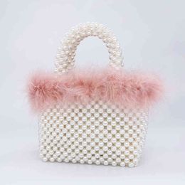 Evening bag Faux Fur Pearl Bag Women Hand Woven Panelled Beads Tote Purses And Handbags Female Cute Shoulder Dinner new 20220607