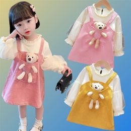 Autumn Princess Dress For Girls Full Sleeve Fake Two-Piece Suspenders Korean Children Clothes Toy Bear Rabbit Kids Girl Vestidos 220422