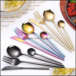 4Pcs/Set Black Gold Cutlery Set 18/10 Stainless Steel Dinnerware Sierware Flatware Dinner Knife Fork Spoon Drop Drop Delivery 2021 Sets Kitc