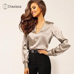 Deep V-neck Top Long Sleeve Spring And Autumn Satin Blouse High Quality Silk Shirt Office Ladies Fall Clothing X501 Women's T-Shirt