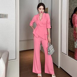 Women's Two Piece Pants Office Lady 2 Set Pink Elegant V Neck Fashion Irregular Pleated Sleeve Women Suit 2022 Summer Formal ClothingWomen's