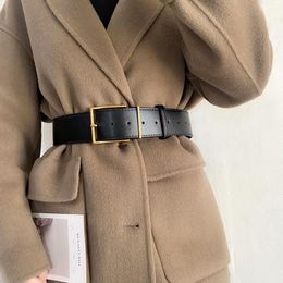 Belts Fashion Women Wide Belt Vintage Gold Big Metal Pin Buckle Waistbands Female Black PU Leather Dress Coat Waist Corset StrapBelts