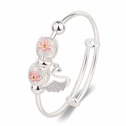 Crystal Swan Bangle Bracelet Pink Enamel Flowers Bangles Bracelets for Women Jewellery Girl Trendy Accessory Gifts White Gold Silver Bangle