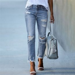 Pencil Pants Ripped Slim Fit High Waist Vintage Streetwear Casual Fashion Stretch Blue Jeans Woman 220701