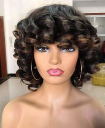 Ombre highlight Funmi Curly Human Hair Wigs for Black Women Fringe Wig Pixie Cut Wig Curly Cheap Full Machine Wigs Egg Curls Bob Wig With Bangs 180%density full natural