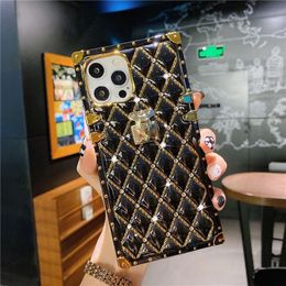 Square Box Gold Metal Rivet Shiny Girly Cases Lambskin 6D Electroplated Lattice Soft TPU Shockproof Cover For iPhone 13 12 11 Pro Max XR XS X 8 7 Plus