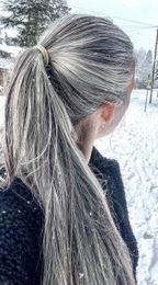 2022 hairstyle long straight white black grey ponytail sleek wraps clip in salt and pepper silver Grey pony tail hairpiece 140g 120g 10-24inch