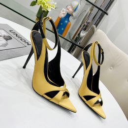 Fashion2022 latest yellow Satin shallow mouth pointed sandals Luxury women's ultra-high heel buckle thin heel Roman open toe women shoes