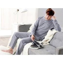 sexemara brand arrival fashion casual men sleeping cloth 100 cotton long sleeve solid pajamas o neck LJ201112