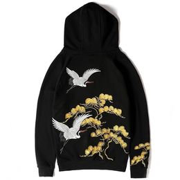 Fashion Style Crane Embroidery Hoodies Men 100%Cotton Fashion Long Sleeve Black Hoodie 201126