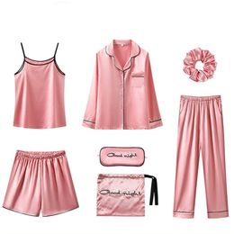 JULY'S SONG 7 Pieces Women Pajamas Set Stain Soft Pyjama Spring Autumn Female Nightwear Solid Faux Silk Shorts Homewear 220321