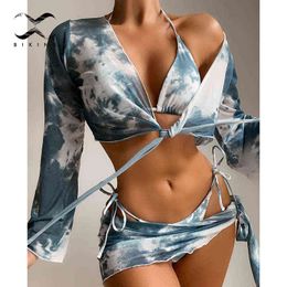 Sexy 4-piece mesh swimsuit women Tie dye bikini Long sleeve swimwear String low waist bathing suit Beach wear Swimming Swim suit Y220420