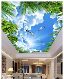 3D duvar kağıdı özel fotoğraf ipek duvar hindistan cevizi ağacı mavi gökyüzü beyaz bulut martı oturma odası için bedrom zenith tavan duvar papel de parede