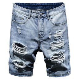 Men's Shorts Summer Denim Mens Ripped Fashion Holes Destroyed Casual Jeans Men Straight Light Blue Knee LengthMen's