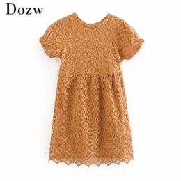 Women Solid Casual Lace Dress Summer Batwing Short Sleeve Mini Dress Back Hollow Out Chic Beach Dress Robe Femme 210414