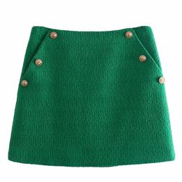 Tangada Women Green Tweed Skirts Faldas Mujer Zipper French Style Female Mini Skirt 8Y195 220322