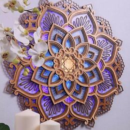 Decorative Objects & Figurines Geometric Mandala Flower Wooden Three-Dimensional Stacked Carving Wall Decoration Yoga Room Night Lig