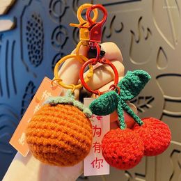 Keychains Knitted Simulated Pearl Cherry Keychain Keyring For Women Girl Jewellery Fruit Car Key Ring Cute Bandbag Emel22