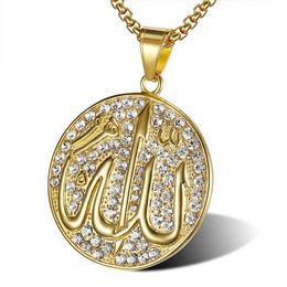 Stainless Steel muslim men's arab saudi arabia Charm Pendant Hip Hop imam Islamic turkish Allah prayer Religious Round Jewish Necklace Jewel with Crystal Rhinestone