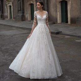 Other Wedding Dresses Gorgeous Lace Applique Tulle Bridal Elegant Scoop Neck Long Sleeve Sweep Train A Line Dress Vestido De NoviaOther